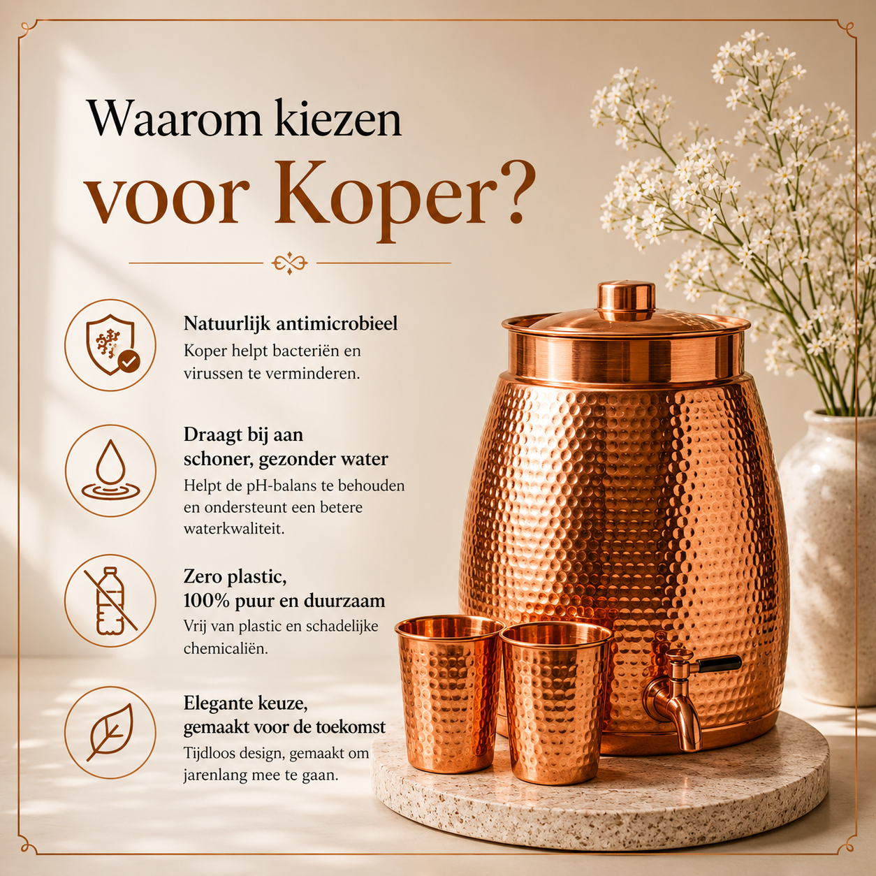 Waterdispenser van 99,9% puur massief koper