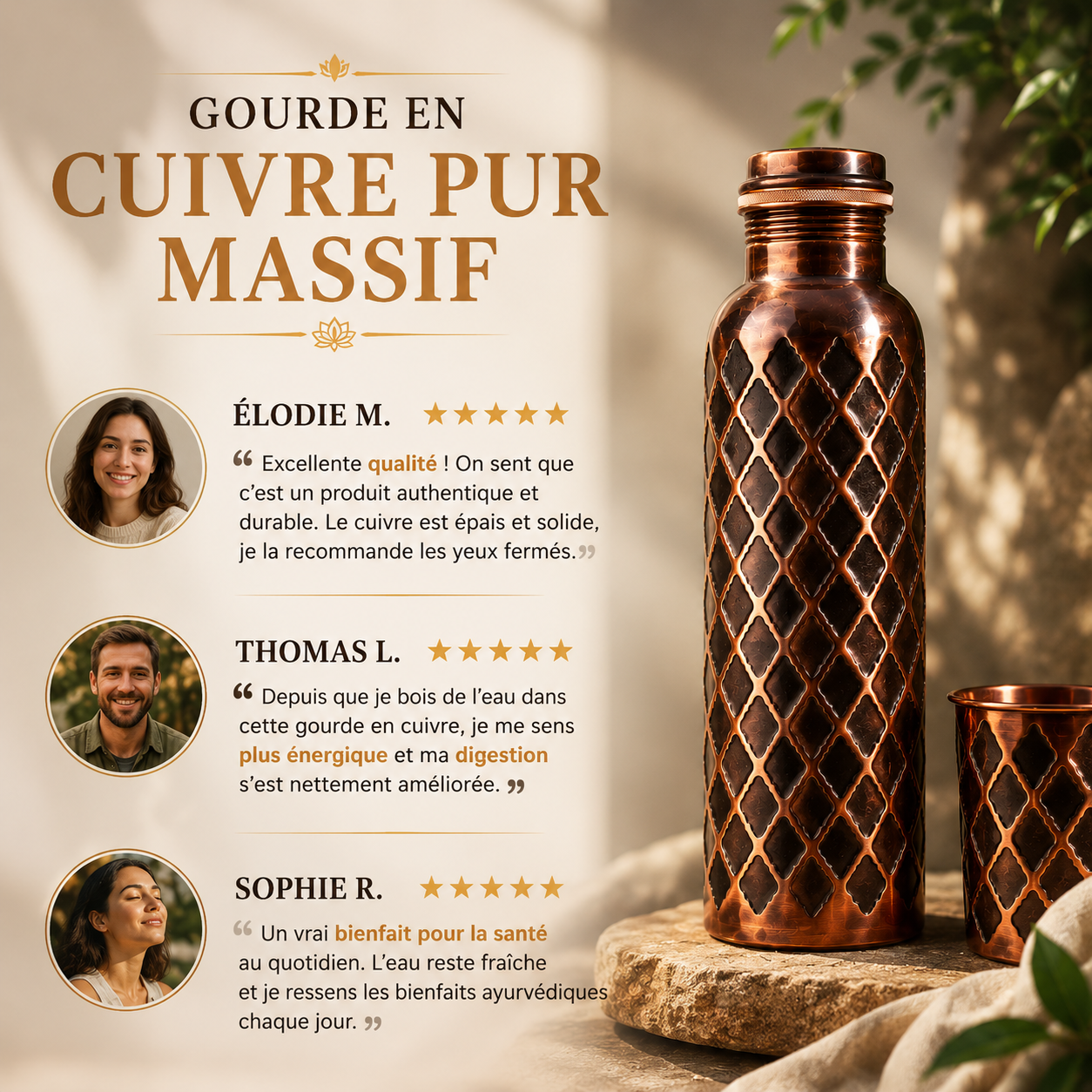 MyTamra™ Diamond waterfles – 99,9% puur massief koper