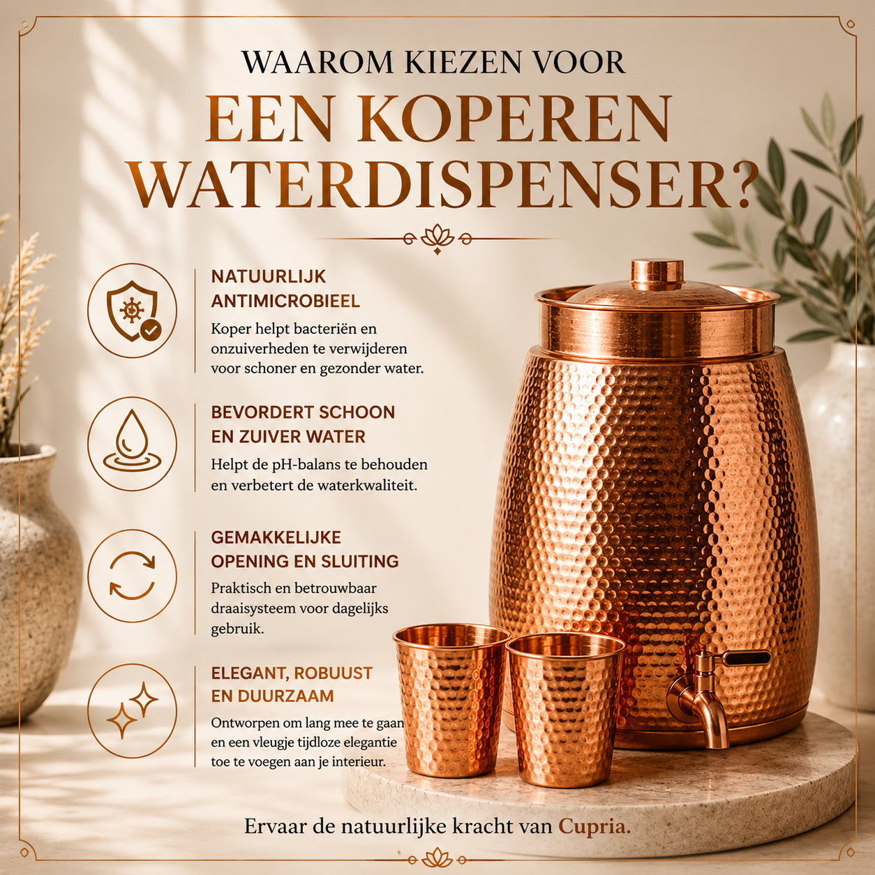 Waterdispenser van 99,9% puur massief koper