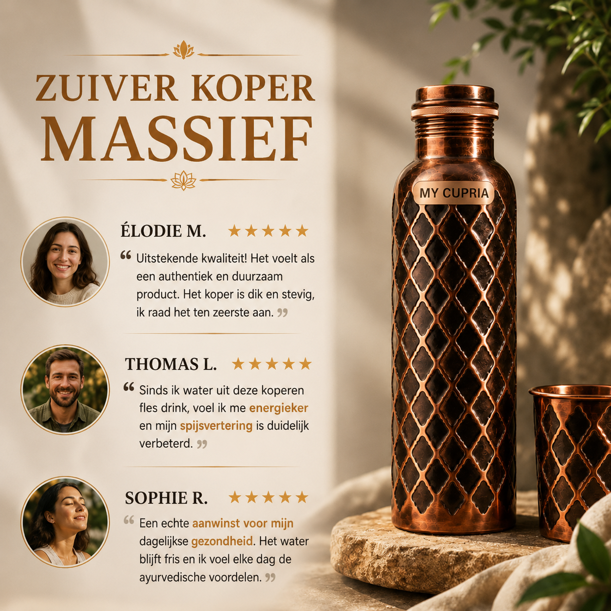 MyCupria Diamond waterfles – 99,9% puur massief koper