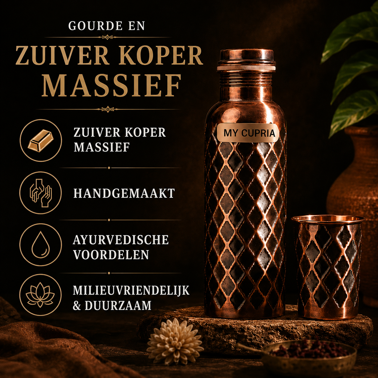 MyCupria Diamond waterfles – 99,9% puur massief koper