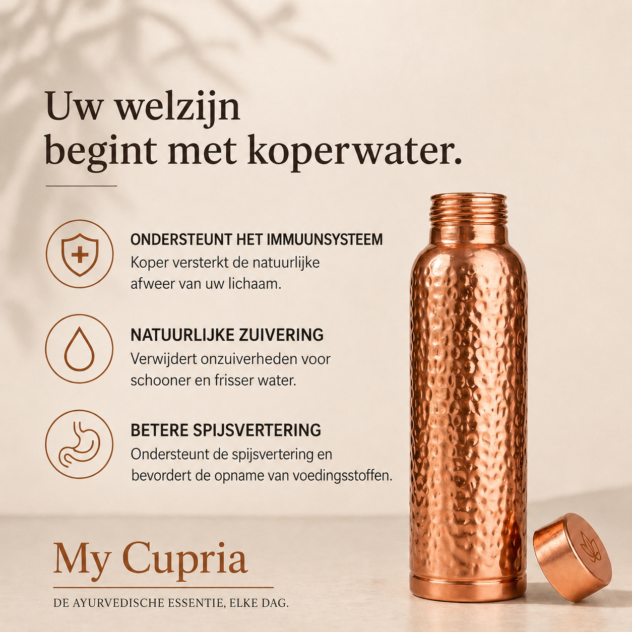 Koperen waterfles – MyCupria | Natuurlijk gezuiverd water, zonder plastic