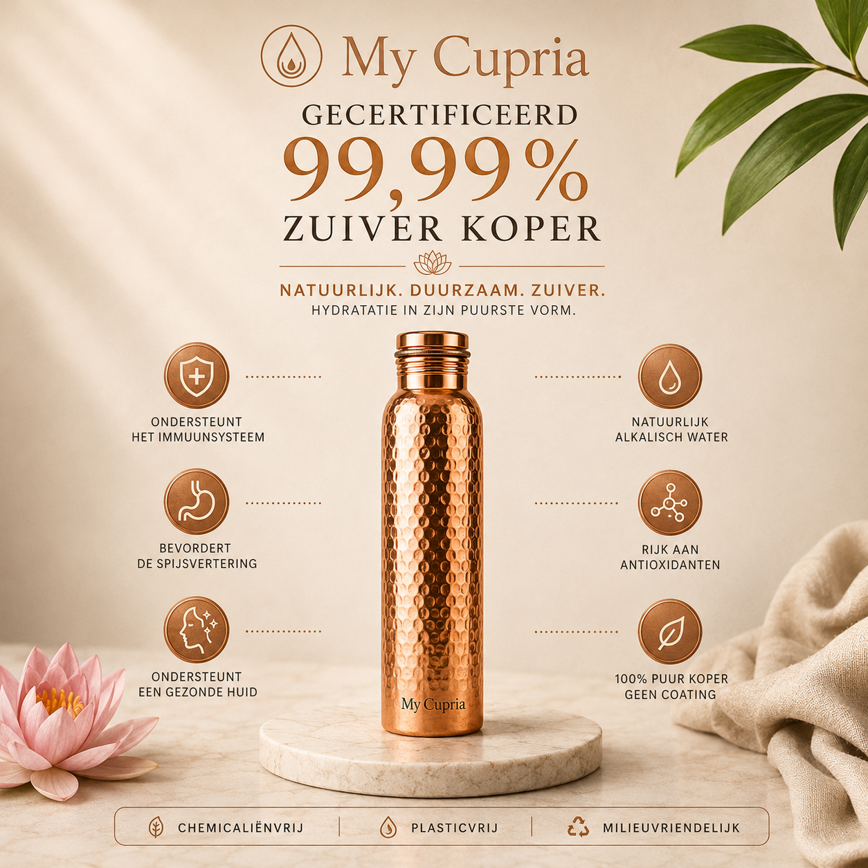 MyCupria waterfles van 99,9% puur massief koper - Heritage Edition