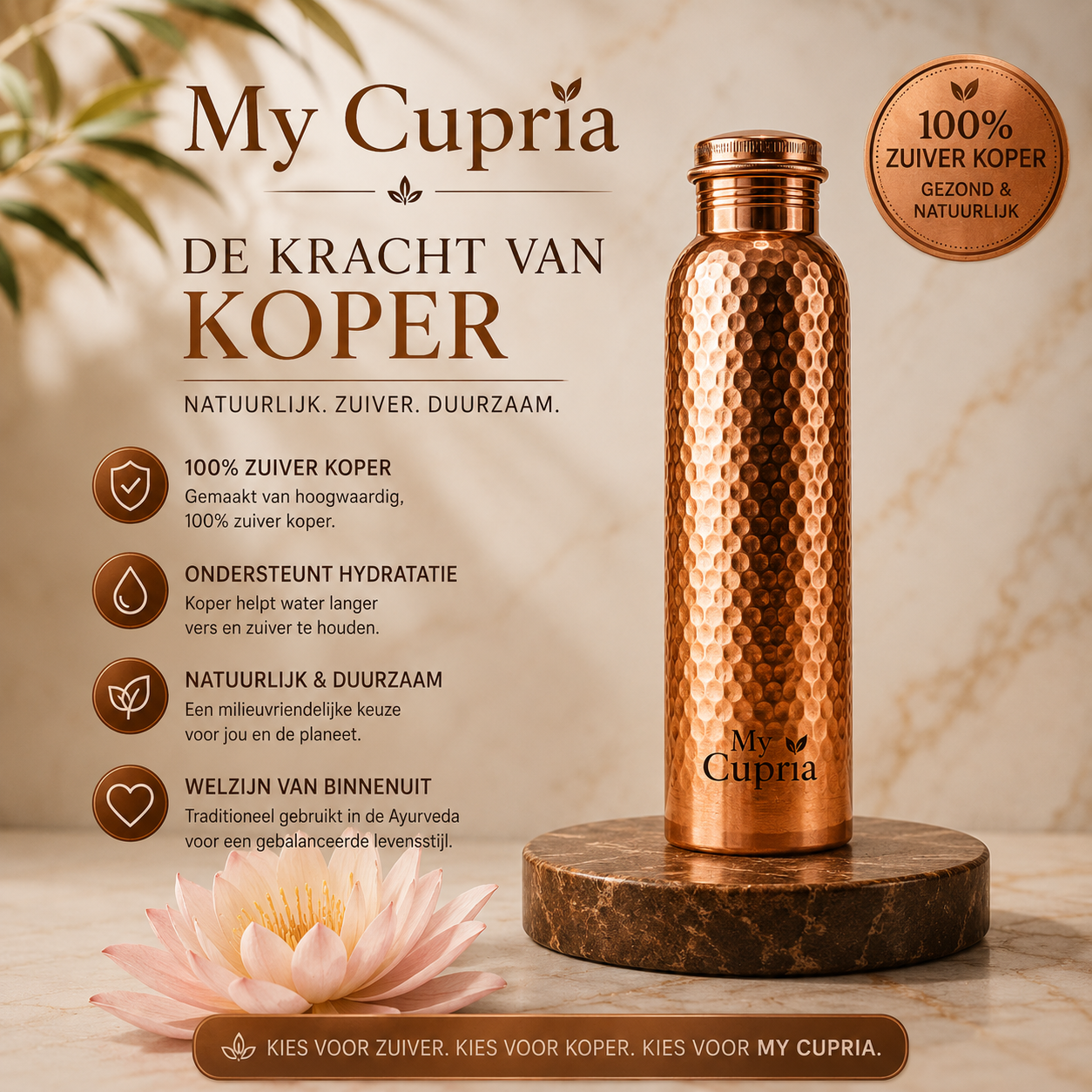 MyCupria waterfles van 99,9% puur massief koper - Heritage Edition