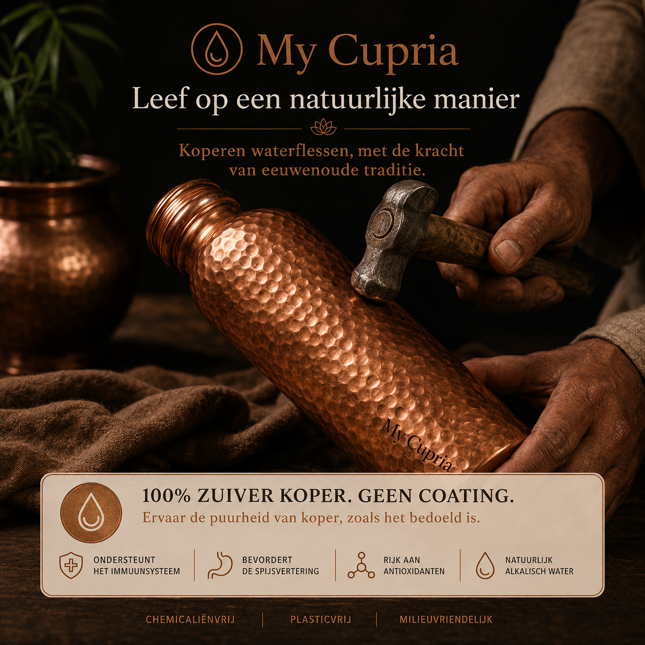 MyCupria waterfles van 99,9% puur massief koper - Heritage Edition