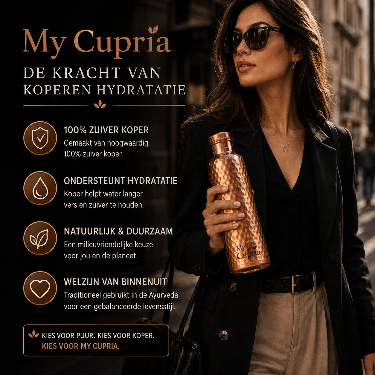 MyCupria waterfles van 99,9% puur massief koper - Heritage Edition